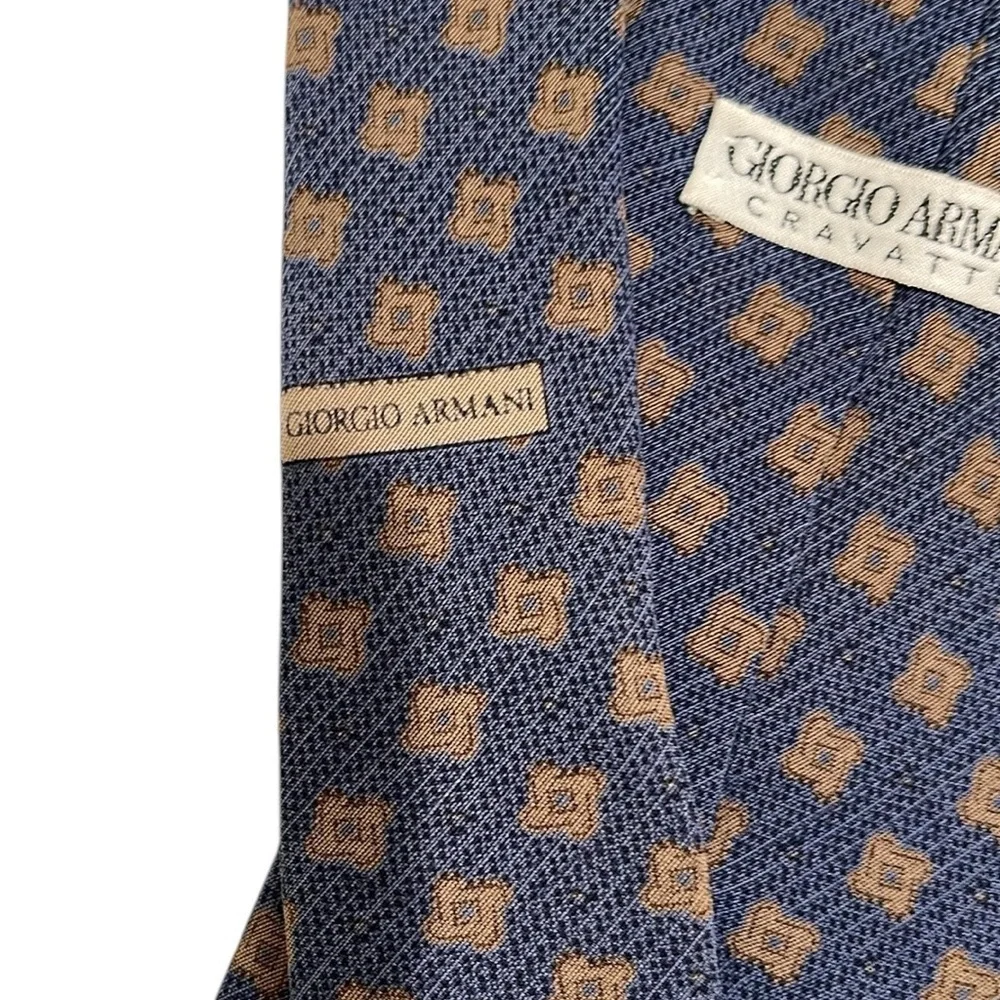 Giorgio Armani Textured Silk Wool Print Tie Blue Tan